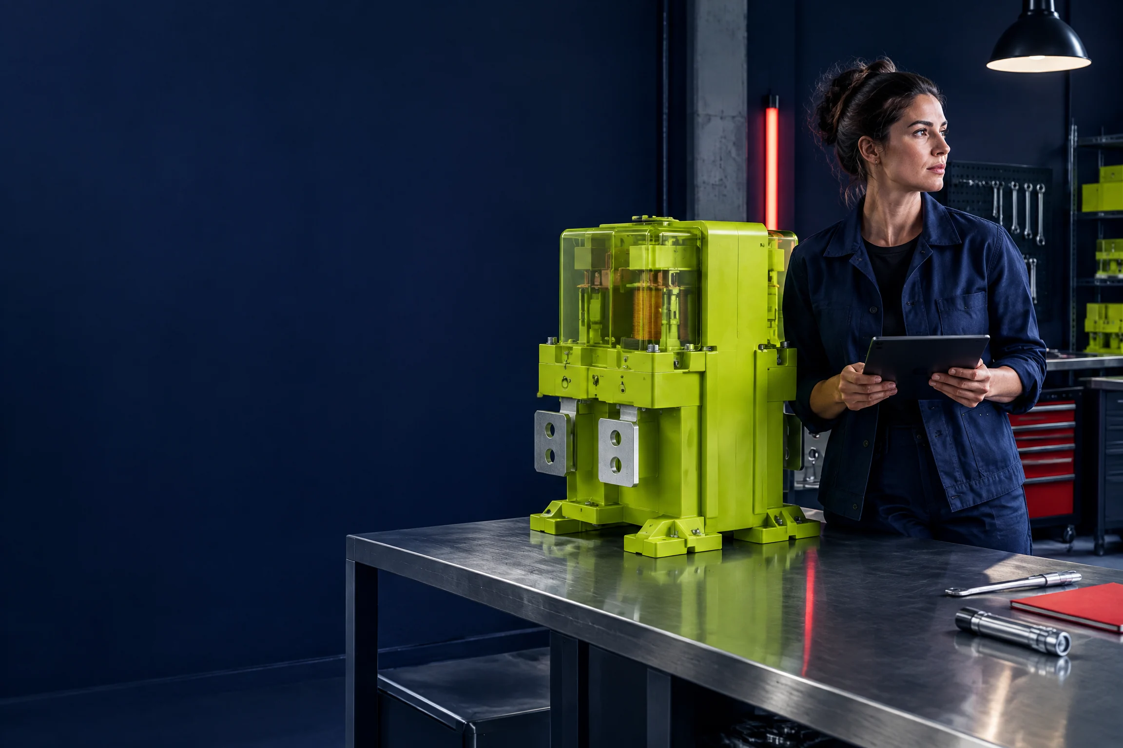 Engineer standing beside a chartreuse relay sculpture