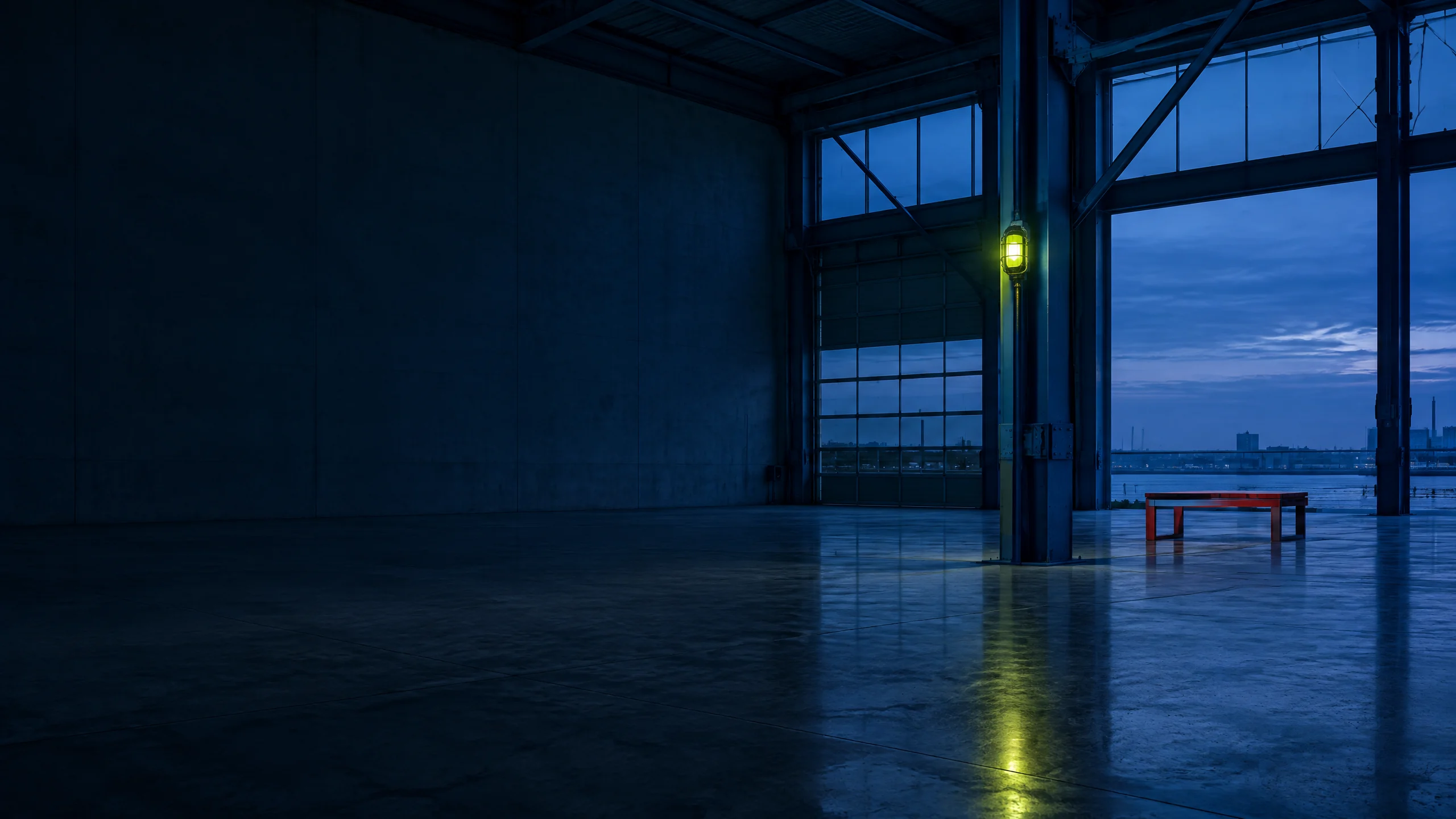 Evening factory bay with chartreuse relay light