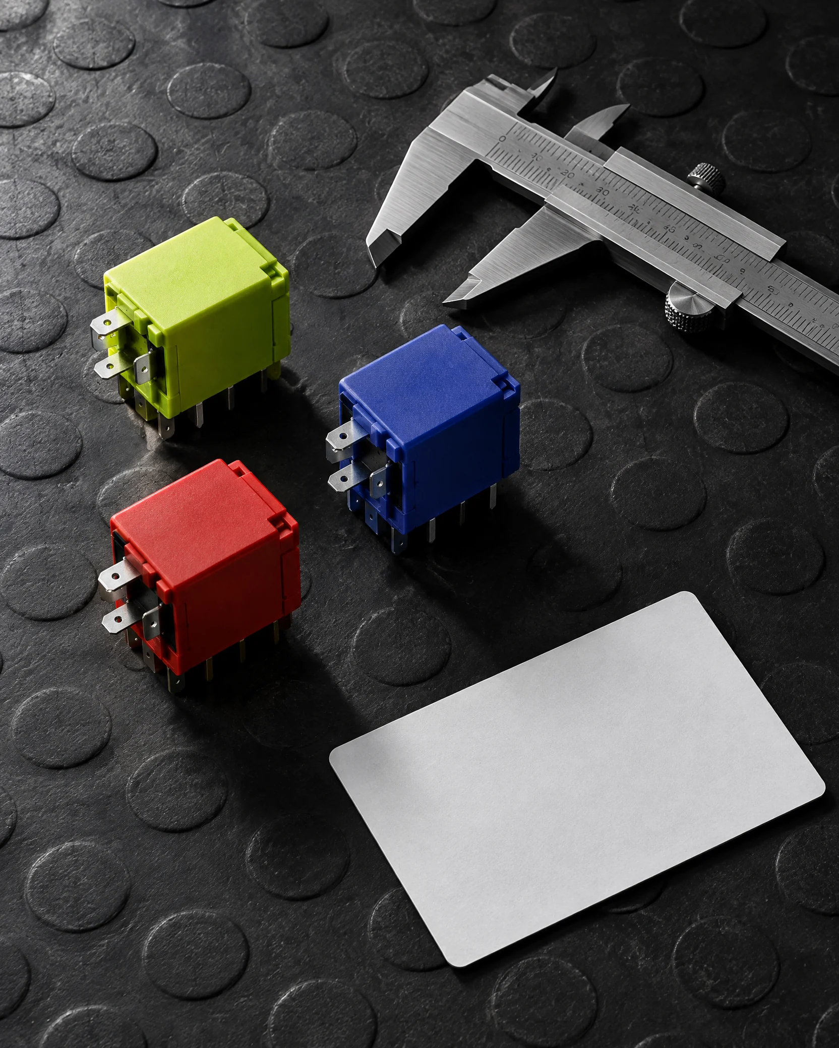Chartreuse, indigo and red relay blocks on a work surface