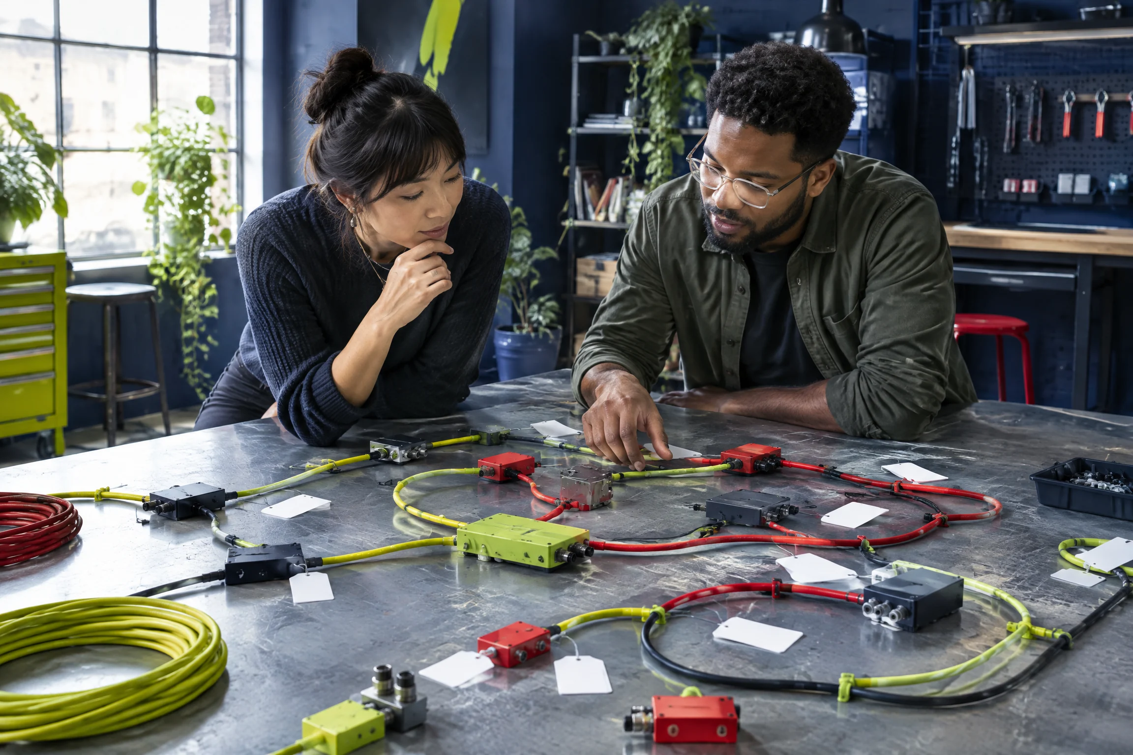 Engineers reviewing physical colored service flow modules