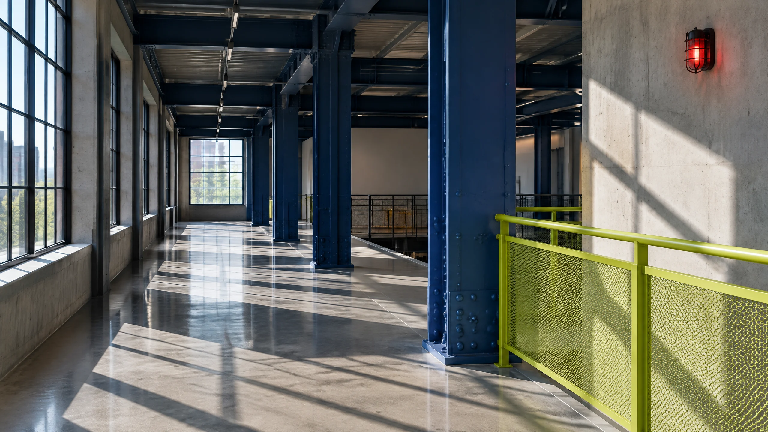 Indigo industrial passage with chartreuse rail