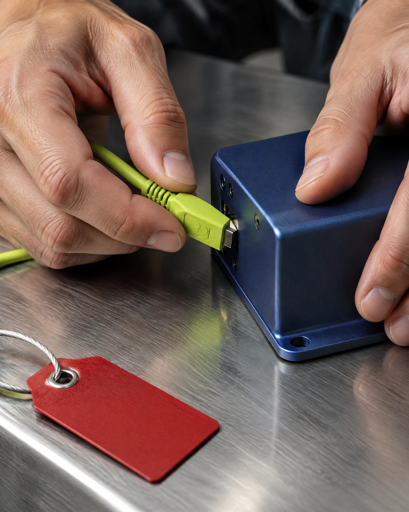 Hands connecting a chartreuse cable plug to an indigo module