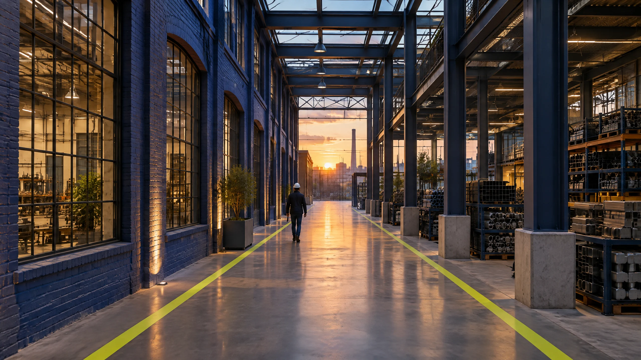 Engineer walking through a modern indigo industrial passage