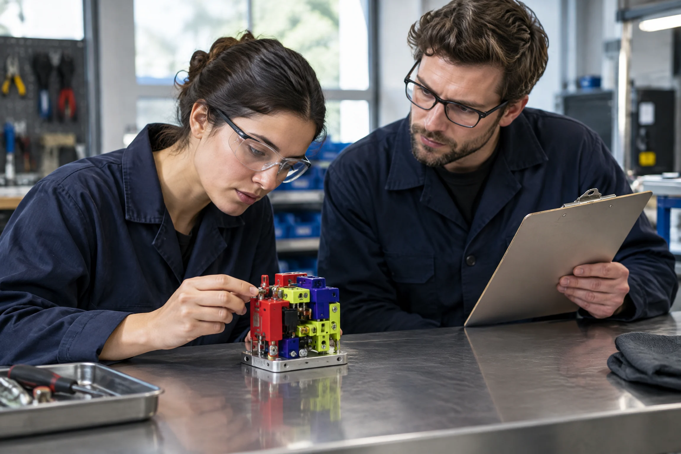 Engineers inspecting a relay assembly at a steel counter