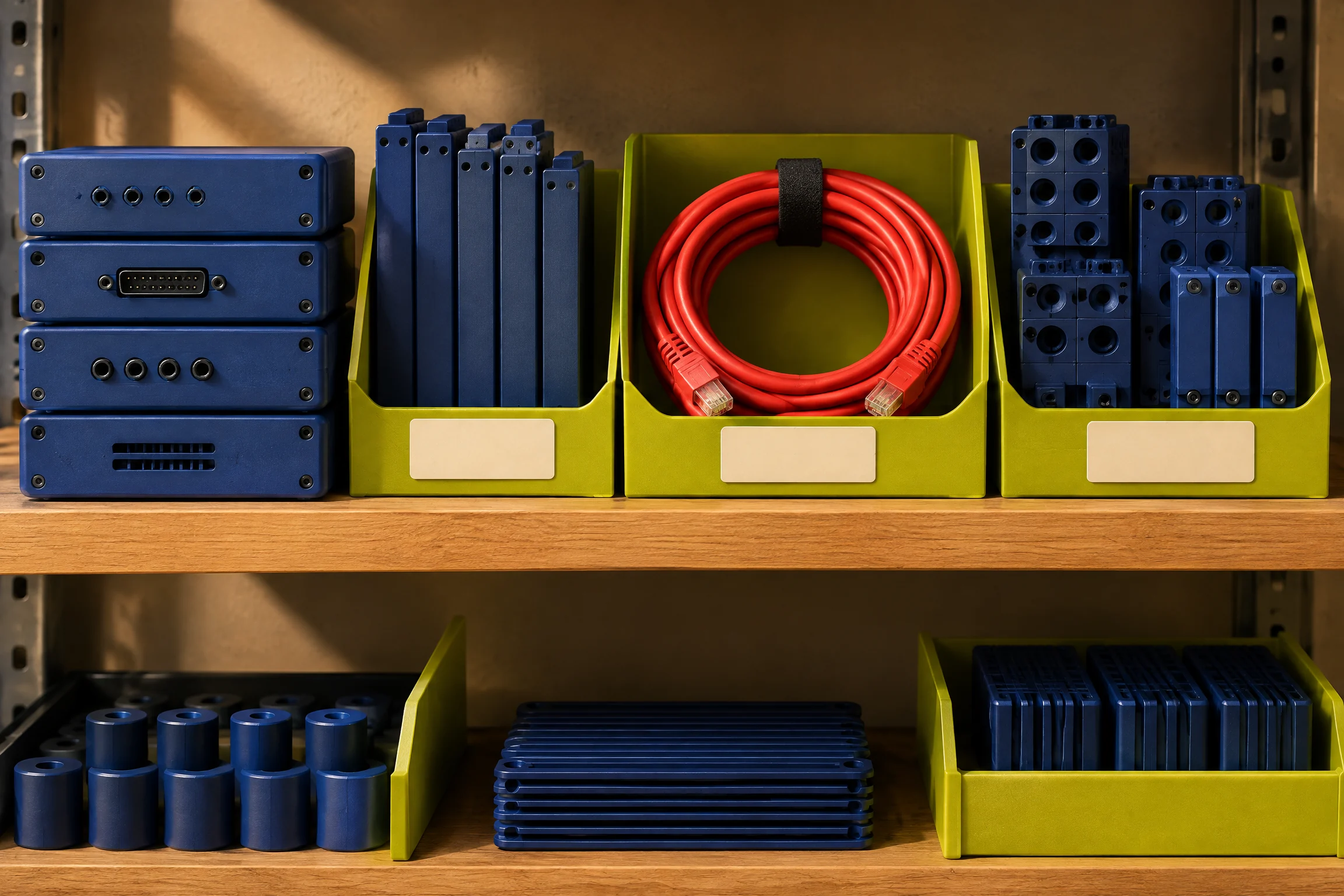 Organised maintenance shelf with indigo and chartreuse engineering components